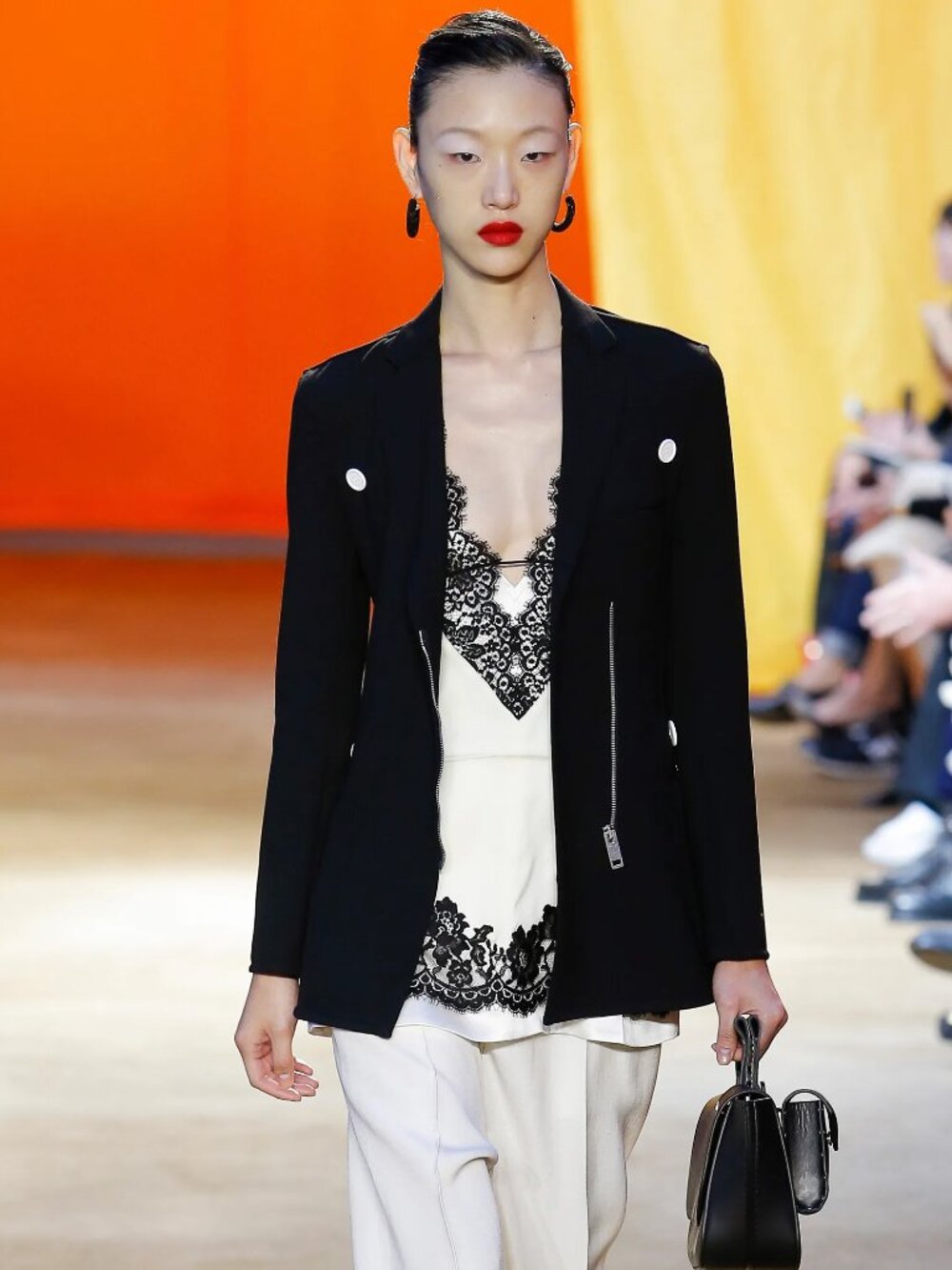 Celine Black Wool Crepe Blazer with White Buttons, size 38FR